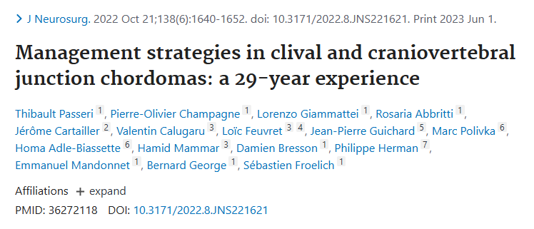 發(fā)表于《Journal of Neurosurgery》(神經外科雜志)上的論文《Management strategies in clival and craniovertebral junction chordomas: a 29-year experience》發(fā)表于《Journal of Neurosurgery》(神經外科雜志)上的論文《Management strategies in clival and craniovertebral junction chordomas: a 29-year experience》