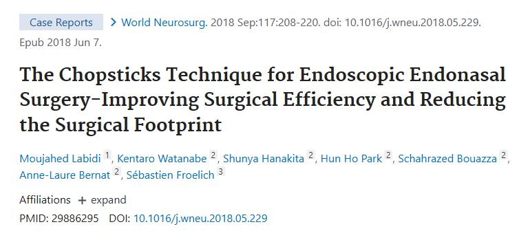 發(fā)表于《World Neurosurgery》(《世界神經外科學》)上的論文《The Chopsticks Technique for Endoscopic Endonasal Surgery-Improving Surgical Efficiency and Reducing the Surgical Footprint》