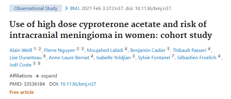 該研究結(jié)果出自福教授發(fā)布于《Bmj-british Medical Journal 》上的論文：《Use of high dose cyproterone acetate and risk of intracranial meningioma in women: cohort study》（高劑量醋酸環(huán)丙孕酮使用與女性顱內(nèi)腦膜瘤風(fēng)險：隊列研究）