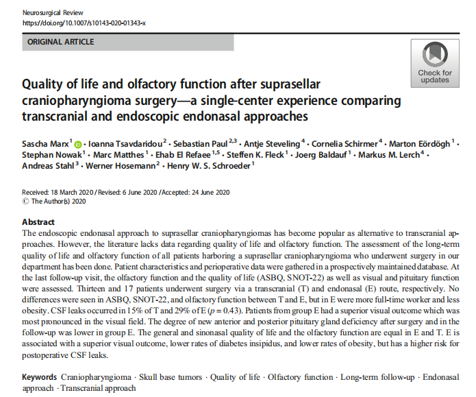 施羅德教授發(fā)表于《Neurosurgical Review》上的論文《Quality of life and olfactory function after suprasellar craniopharyngioma surgery——a single-center experience comparing transcranial and endoscopic endonasal approaches》(生活質(zhì)量與鞍上顱咽管瘤手術(shù)后嗅覺功能——單中心經(jīng)驗比較經(jīng)顱入路和內(nèi)鏡鼻內(nèi)入路)