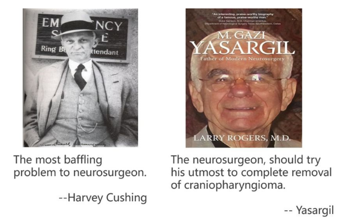 兩位著名的西方神經(jīng)外科大師 Harvey Cushing 和 Mahmut Gazi Yasargil 就曾分別說(shuō)過(guò)：“顱咽管瘤是讓神經(jīng)外科醫(yī)生極其困惑的難題”、“神經(jīng)外科醫(yī)生應(yīng)盡最大努力去完整切除顱咽管瘤”。