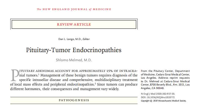 一篇發(fā)表于《The New England Journal of Medecine》的研究向我們展示了垂體內(nèi)分泌性腫瘤的發(fā)病機(jī)制。研究認(rèn)為分化的、激素表達(dá)的垂體細(xì)胞譜系可引起腺瘤的發(fā)生，常伴有自發(fā)的激素超量分泌。不同的癥狀則取決于細(xì)胞的起源。