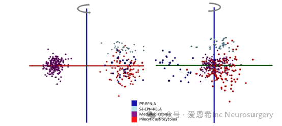 圖2. 基于表1中18種已鑒定代謝物的稀疏PCA-LDA模型。該模型采用稀疏(或低復雜度)的PCA-LDA建模方法(使用AMX6.18)，與圖S2中使用m/z 100?1000范圍內(nèi)所有m/z特征不同，此處僅利用表1中完全鑒定的代謝物陣列。在此，多變量模型僅基于表1中確定并報告的18種特征的分子身份進行同步降維構(gòu)建。我們展示了模型的兩個視圖(圍繞LD3軸，藍色軸旋轉(zhuǎn))。LD1和LD2軸分別以紅色和綠色顯示。