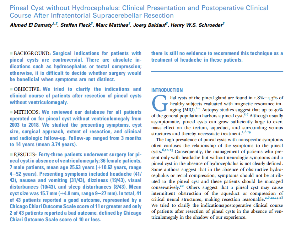 施羅德教授發(fā)表于《 World Neurosurgery》上的論文：《Pineal Cyst without Hydrocephalus: Clinical Presentation and Postoperative Clinical Course After Infratentorial Supracerebellar Resection》（無腦積水的松果體囊腫： 經(jīng)幕下小腦上入路切除手術(shù)的臨床表現(xiàn)及術(shù)后臨床過程）