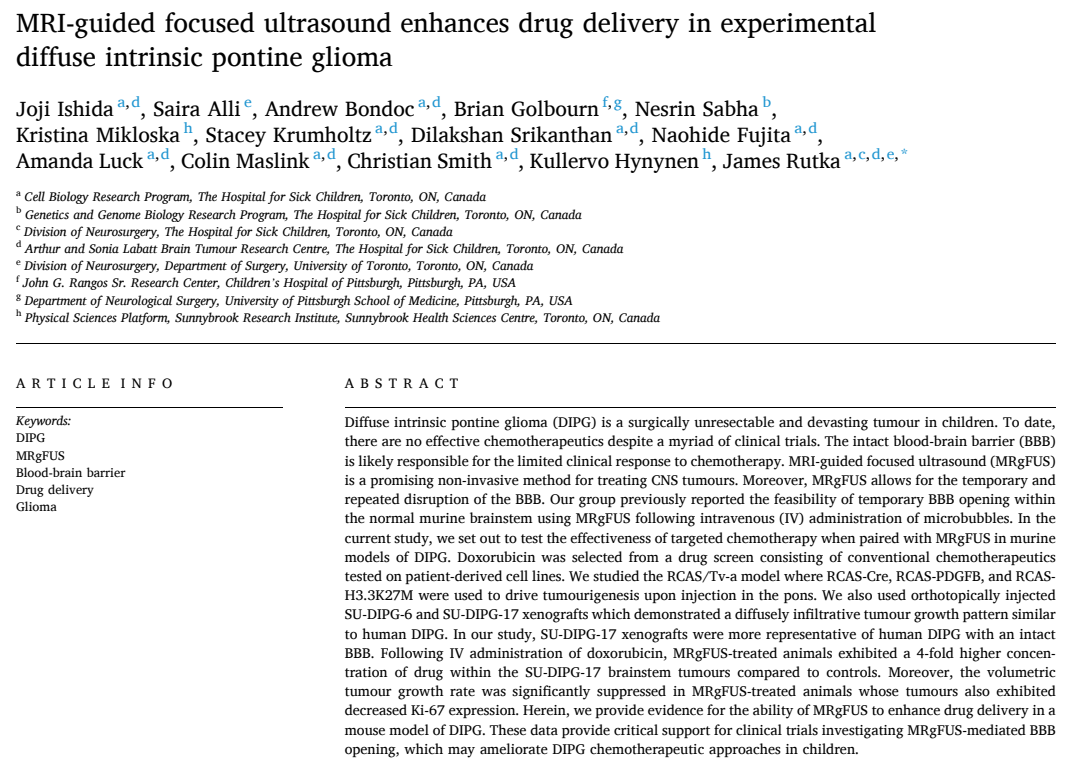 Rutka教授發(fā)表于期刊《Journal of Controlled Release》上的論文《MRI-guided focused ultrasound enhances drug delivery in experimental diffuse intrinsic pontine glioma》(磁共振引導(dǎo)聚焦超聲增強(qiáng)實(shí)驗(yàn)性彌漫性內(nèi)生性橋腦膠質(zhì)瘤的藥物遞送)